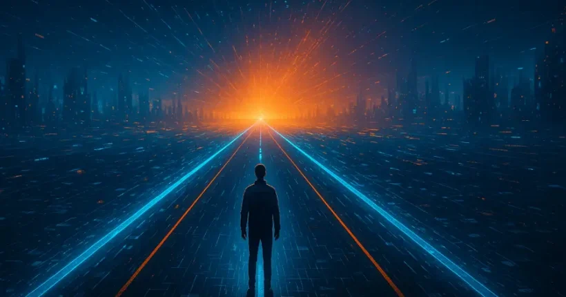 Persona frente al camino del futuro laboral representado como un paisaje digital infinito