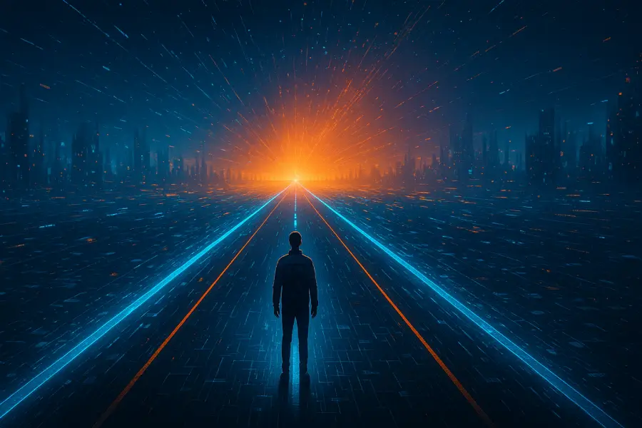 Persona frente al camino del futuro laboral representado como un paisaje digital infinito