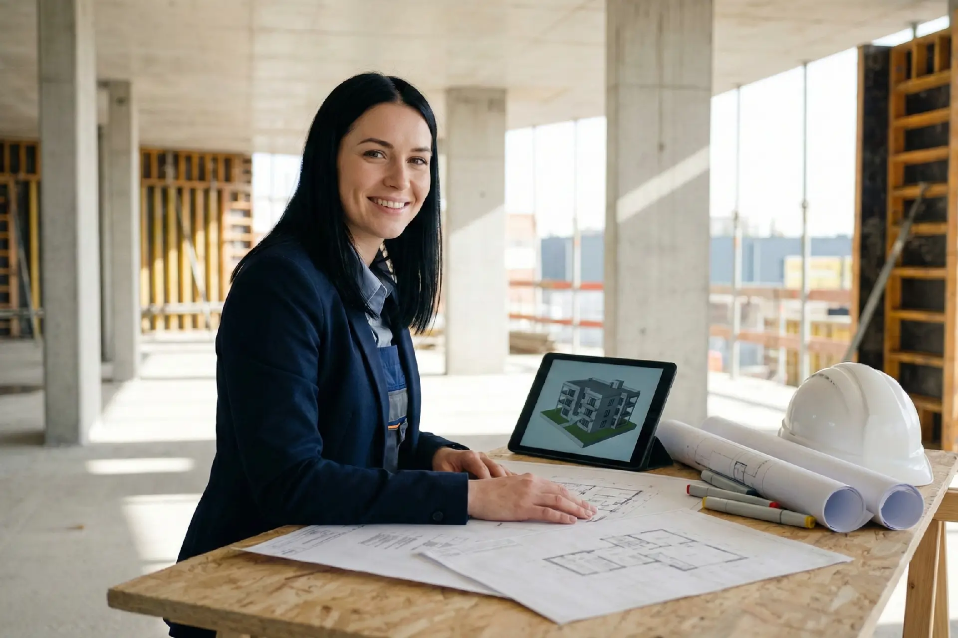 Arquitecta caucásica de pelo negro liderando una obra correctamente construida, limpia y organizada — AEC Mastery