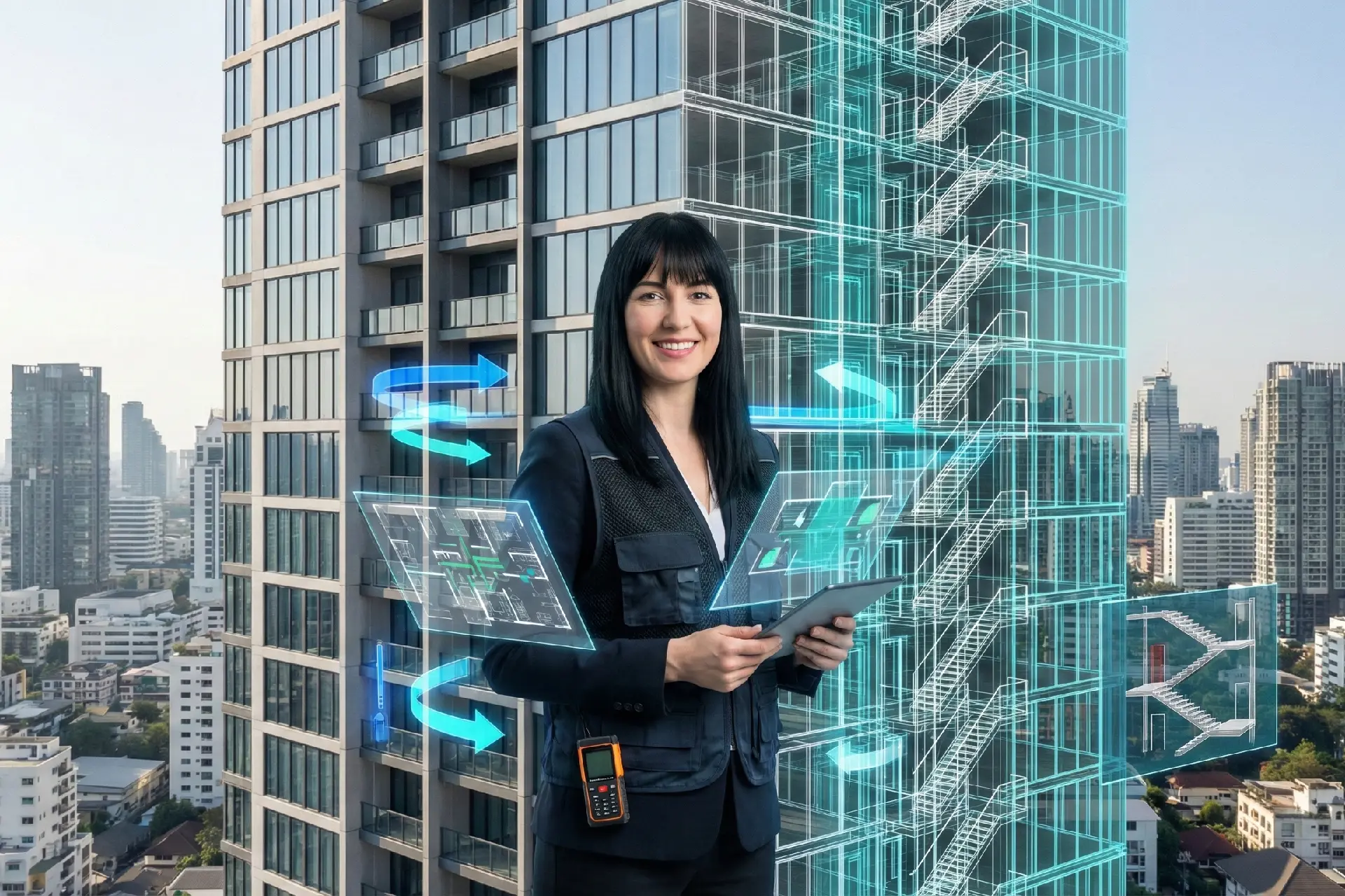 Arquitecta de 30 años frente a un edificio de 24 pisos mitad real y mitad BIM, imaginando el sistema de seguridad humana y medios de evacuación del proyecto en AEC Mastery