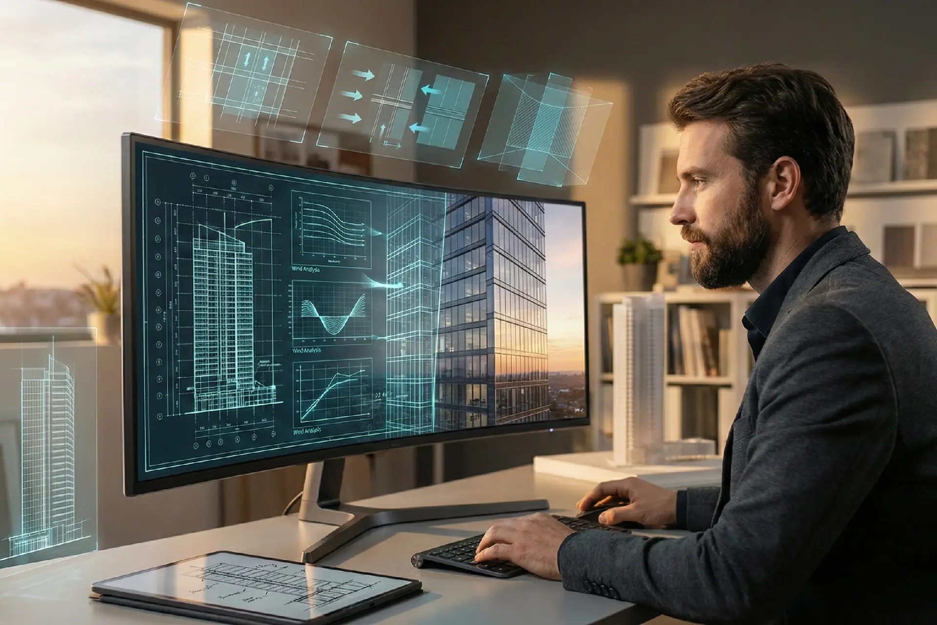 Arquitecto trabajando en el diseño de un edificio de gran altura en un monitor ultrawide con planos y render 3D.