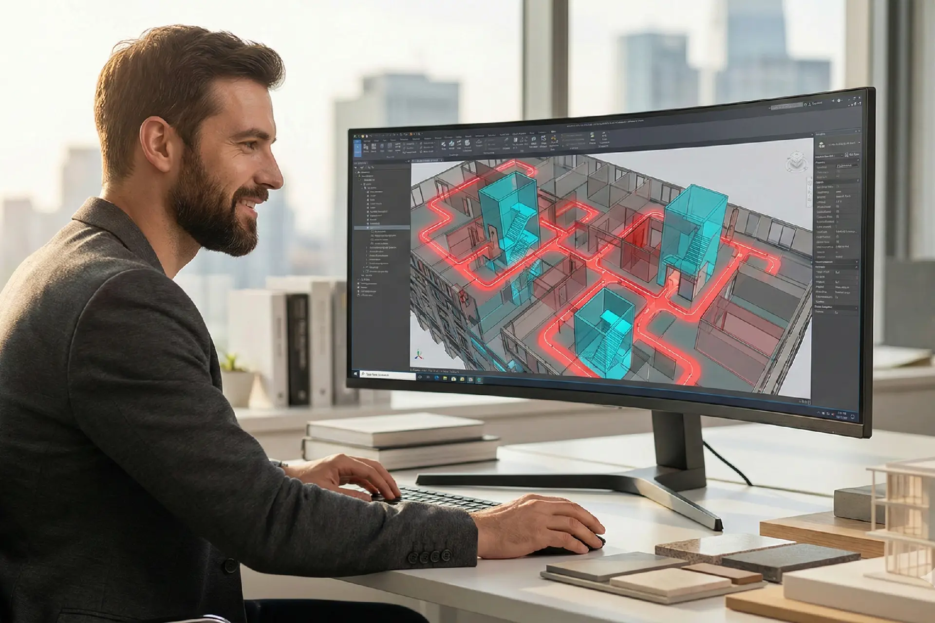 Arquitecto trabajando en el diseño de seguridad humana y medios de evacuación en un edificio de 15 pisos, usando un monitor UltraWide en una oficina contemporánea.