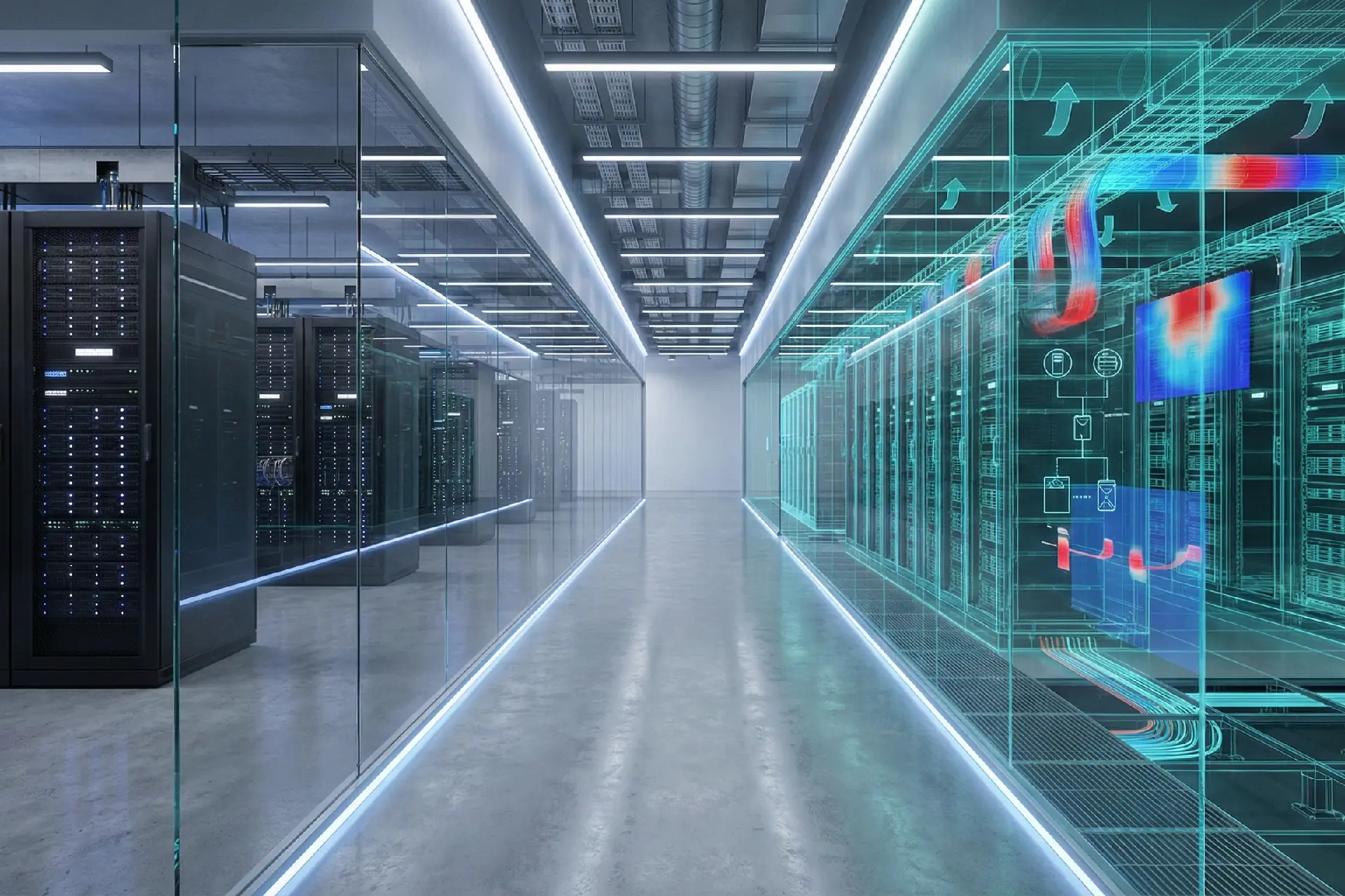 Interior de un DataCenter moderno con racks y elementos BIM holográficos que representan diseño y construcción de infraestructura crítica. Diseño y Construcción de Data Centers
