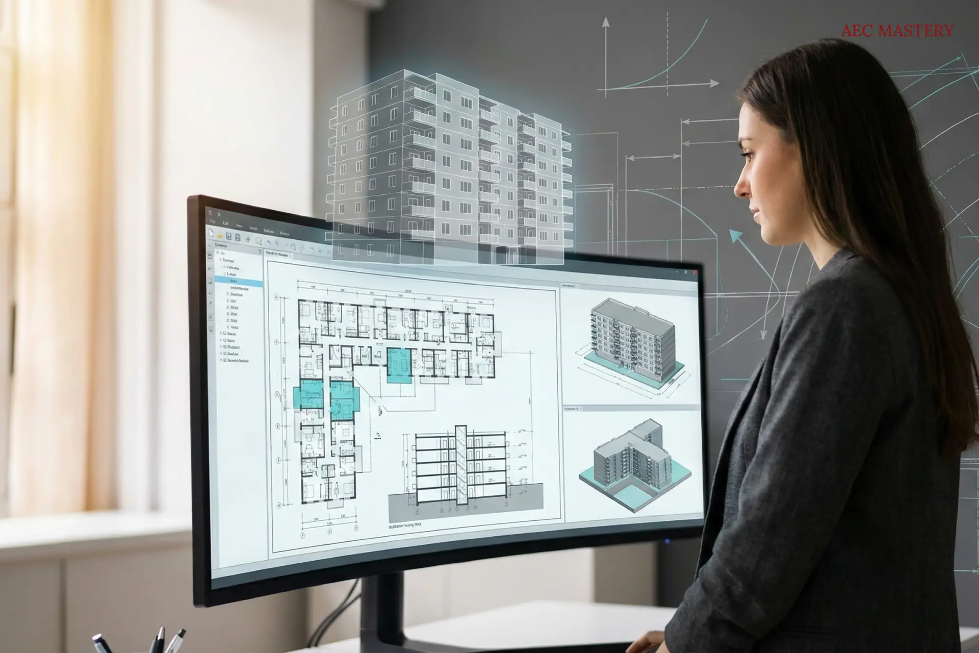 Arquitecta profesional especialista en el diseño de proyectos de vivienda multifamiliar, visualizando planos técnicos, cortes y un modelo 3D interactivo de un edificio residencial de media altura en un monitor panorámico.