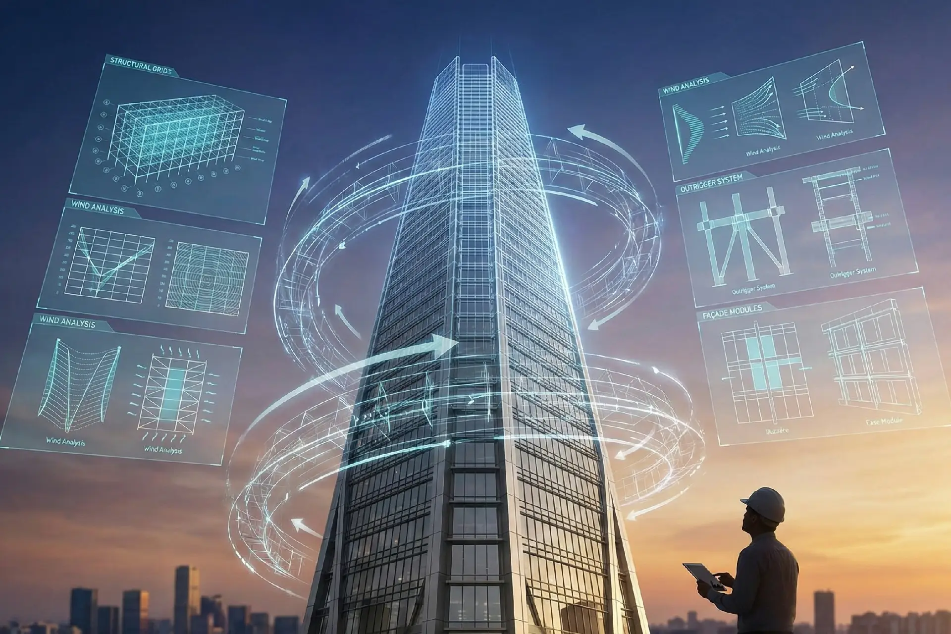 Ilustración arquitectónica de un edificio de gran altura con modelos BIM y diagramas técnicos holográficos.