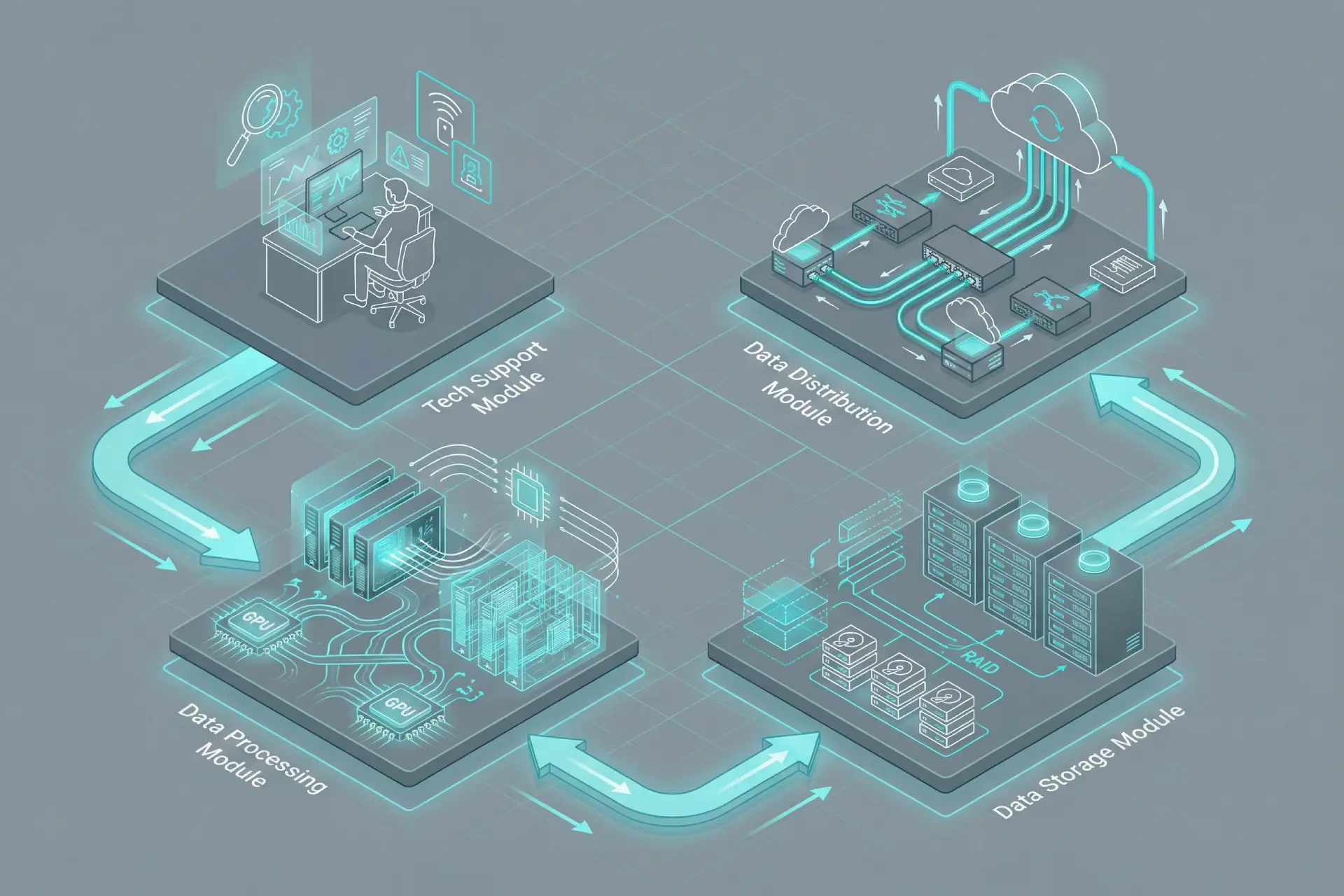 Ilustración isométrica del flujo de operaciones de un Diseño y Construcción de Data Centers, mostrando soporte técnico, procesamiento, almacenamiento y distribución de datos.
