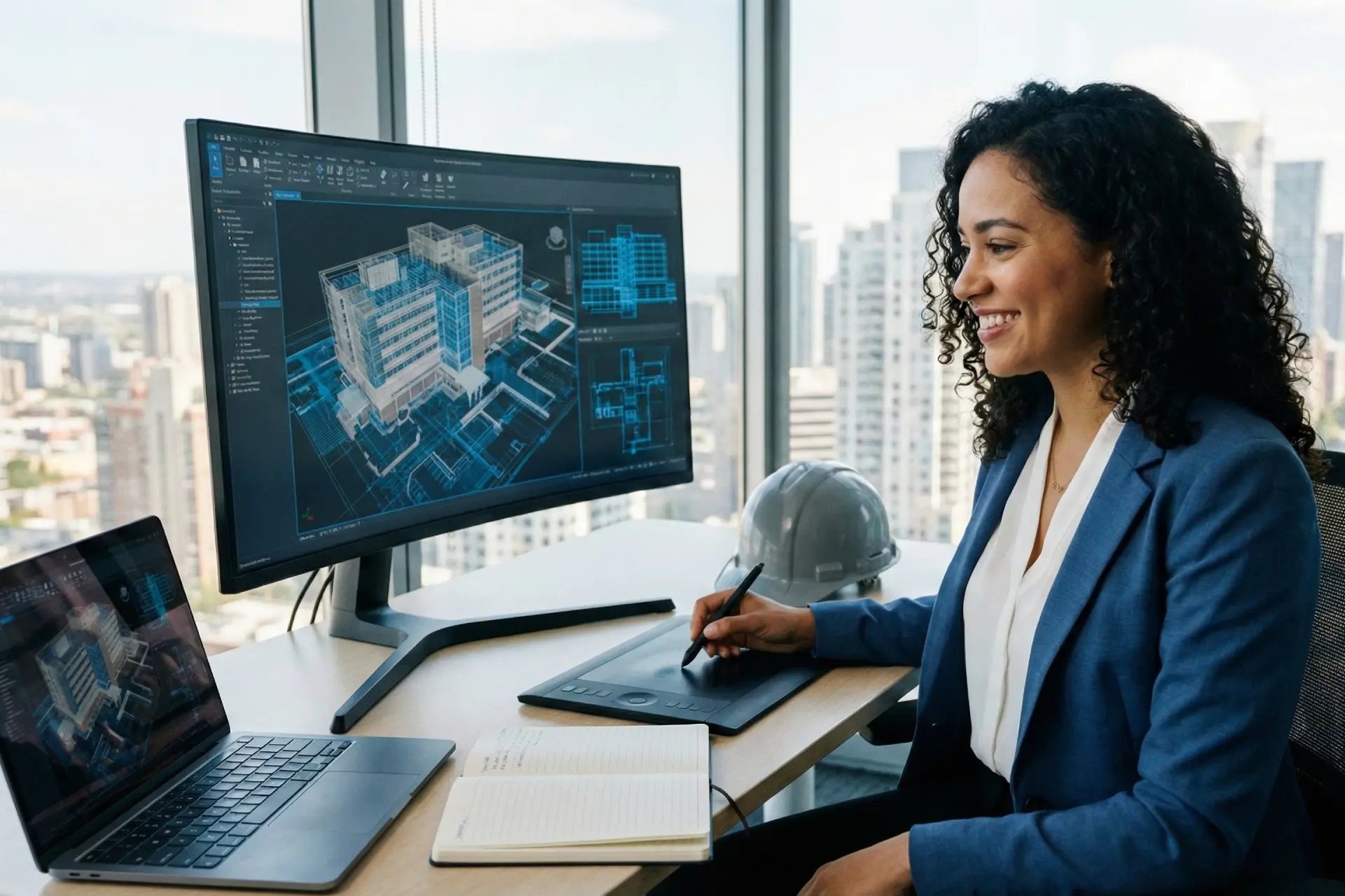 Mujer profesional especializada en arquitectura hospitalaria revisando planos digitales y el diseño estructural de una instalación médica compleja en una oficina moderna.