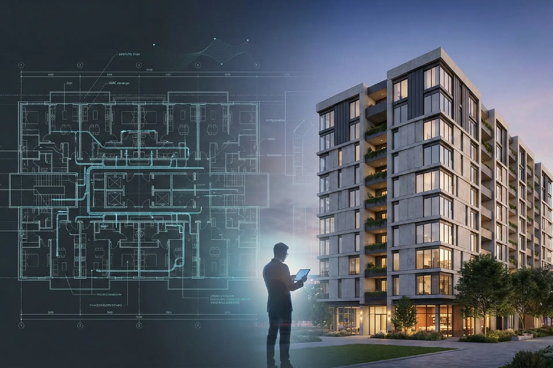 Composición visual que muestra la transición entre un plano técnico de arquitectura con instalaciones y un render fotorrealista nocturno de un edificio de vivienda multifamiliar moderno, con un profesional coordinando el proceso con una tablet