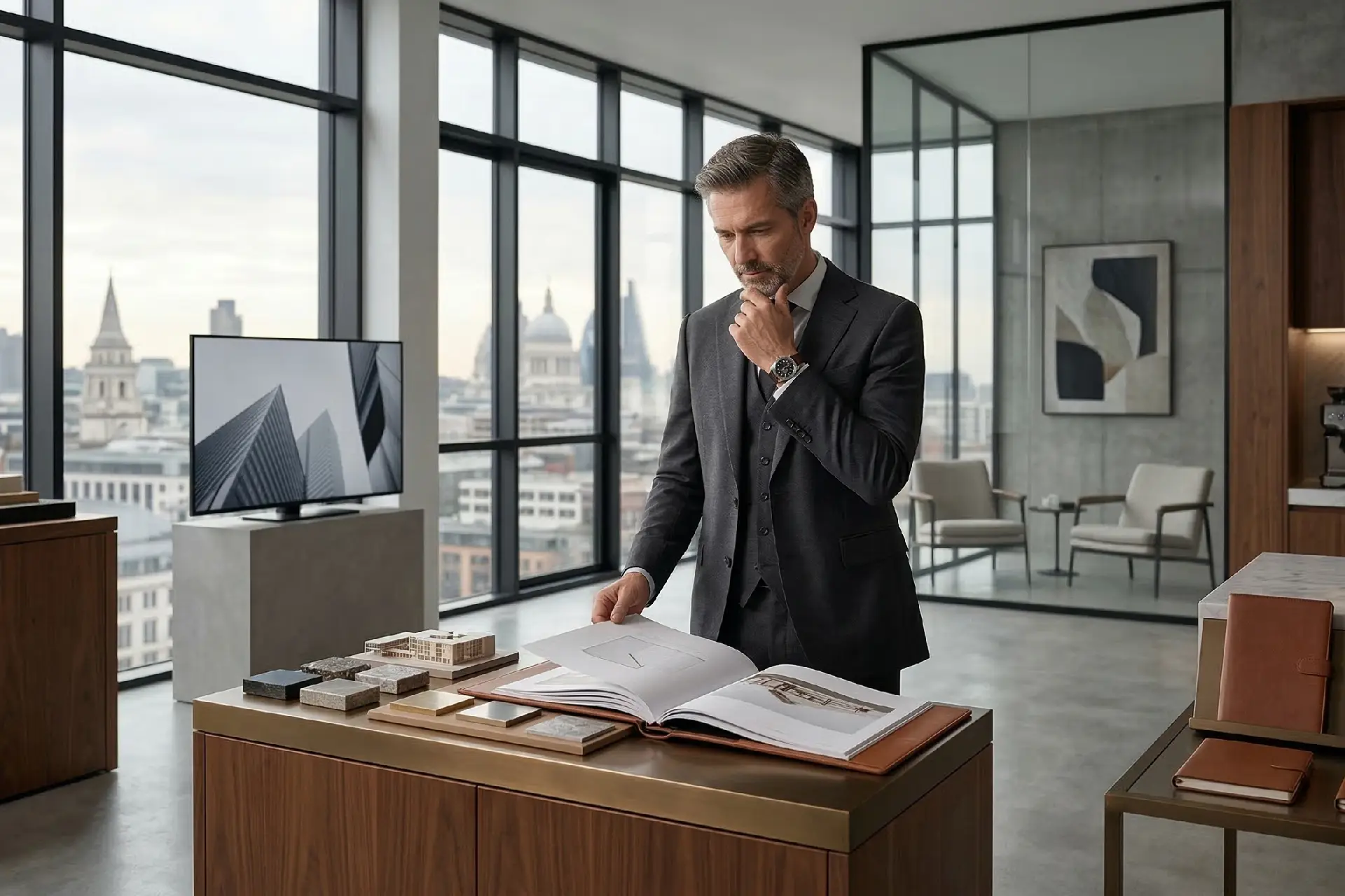 Arquitecto en estudio moderno comprendiendo la importancia de la marca, la percepción y el valor percibido en servicios premium
