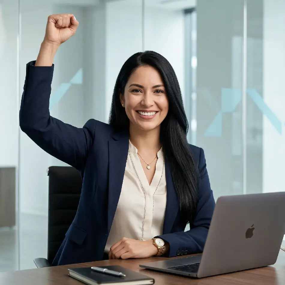 Mujer ejecutiva con laptop mostrando una actitud de éxito para AEC Mastery