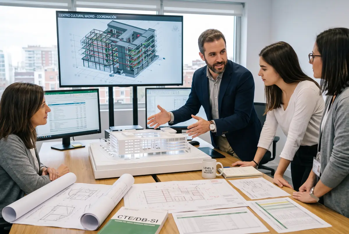Un arquitecto diseñador de Nivel 3 (5-8 años de experiencia) lidera una sesión de revisión de diseño colaborativo en una oficina moderna. Está de pie junto a una maqueta física grande, explicando una solución conceptual y técnica mientras un arquitecto junior escucha y una persona con perfil de cliente observa. Una pantalla grande muestra un modelo BIM detallado. Una taza en la mesa dice 'LEVEL 3. DESIGN ARCHITECT'.