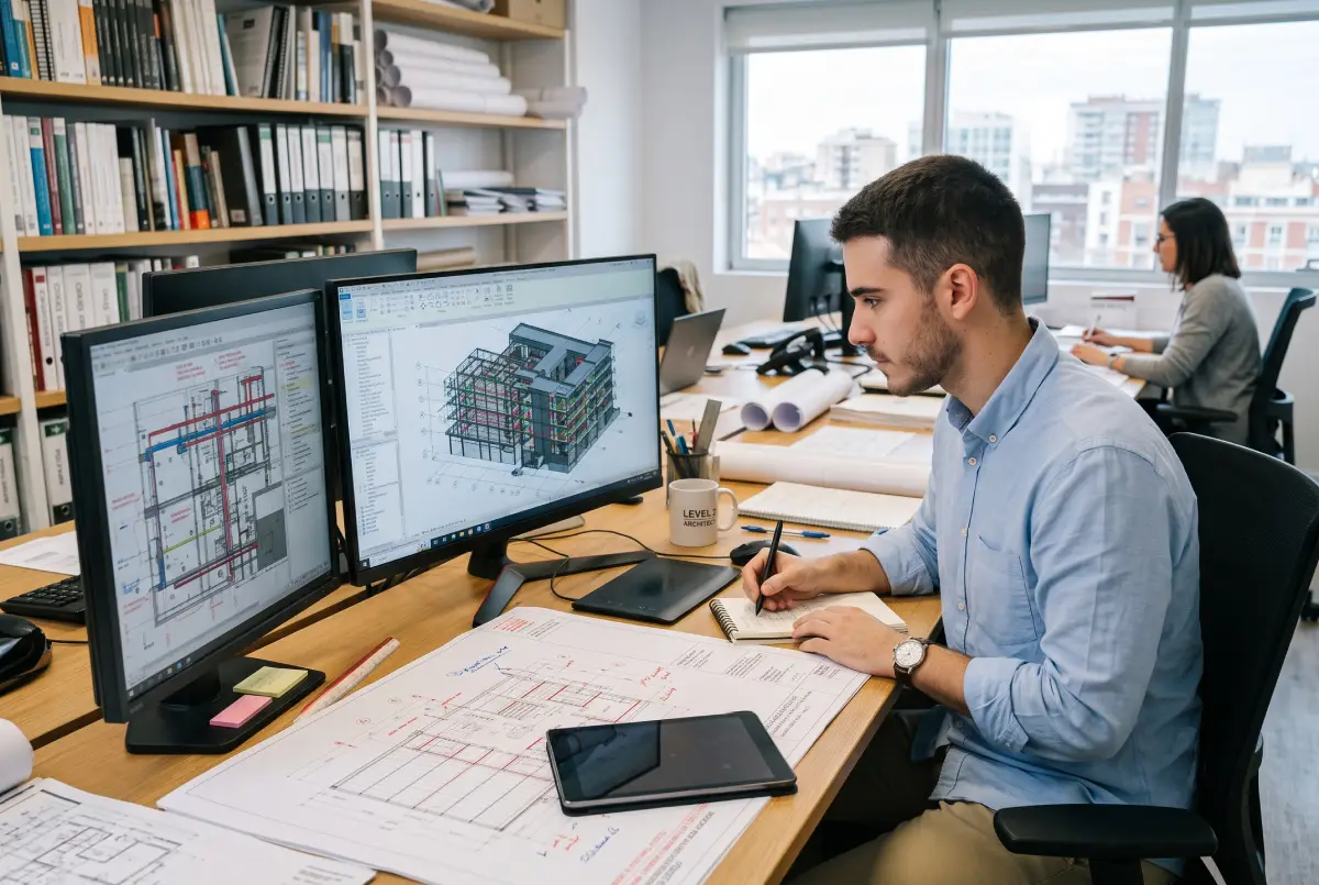 Un arquitecto Junior de Nivel 2 trabaja de forma autónoma en su escritorio en una oficina de arquitectura, revisando planos de coordinación MEP y un modelo BIM detallado de un edificio complex. La arquitecta senior está visible en el fondo.