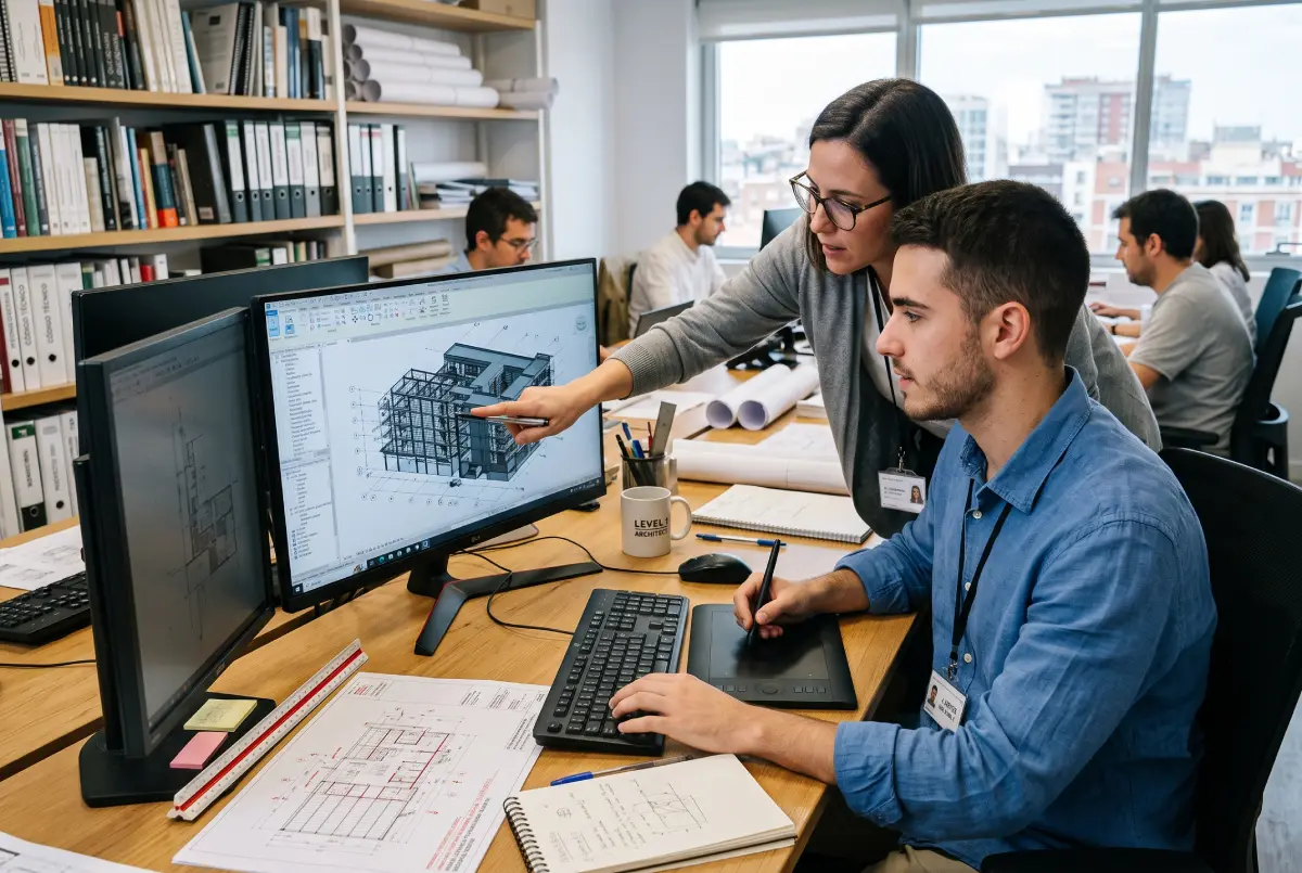Un joven arquitecto de Nivel 1 trabaja en un modelo BIM de un edificio mientras es supervisado por una colega experimentada en una oficina de arquitectura.