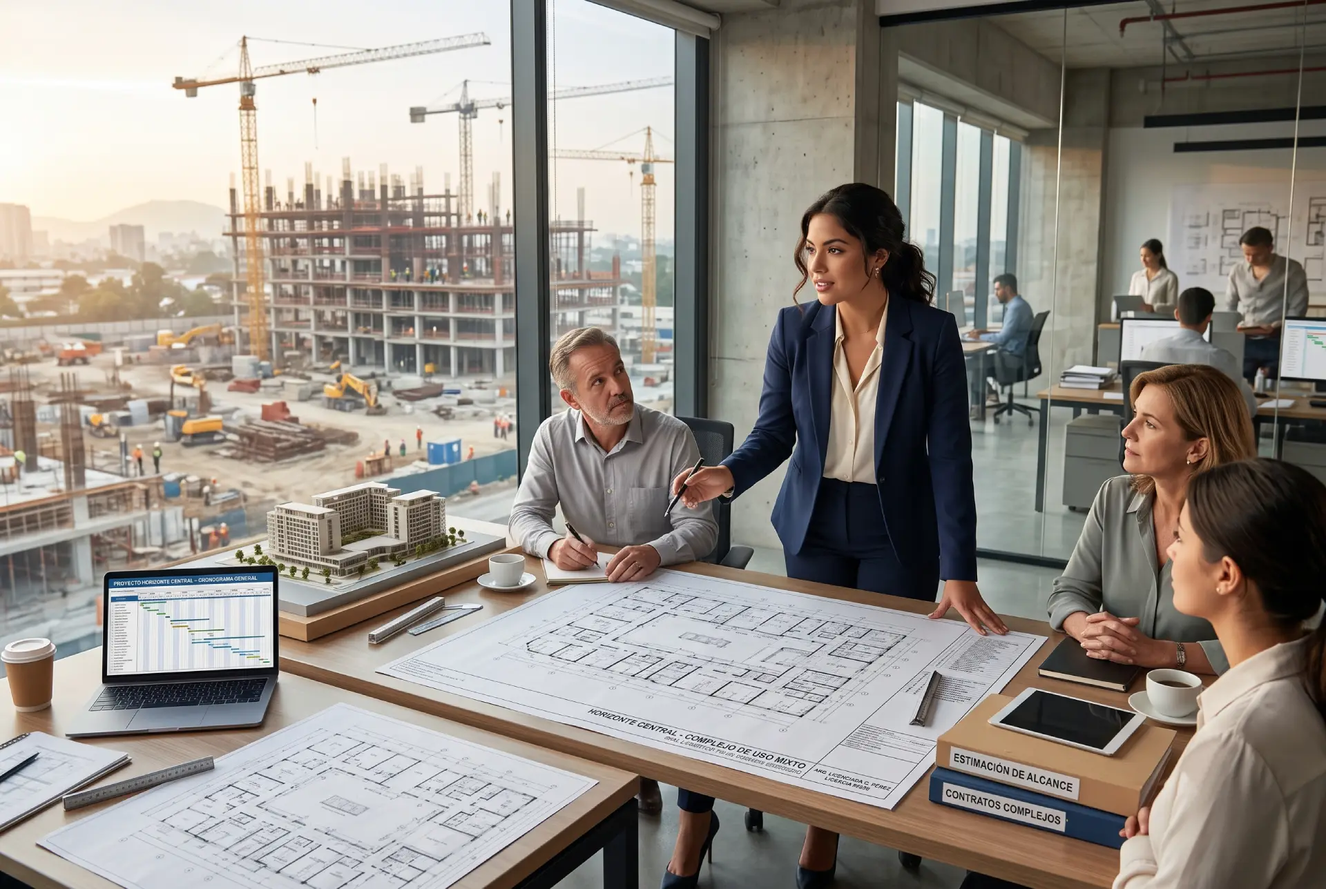 Un grupo de arquitectos y profesionales discuten planos sobre una mesa de oficina moderna. Una joven arquitecta lidera la explicación a un hombre mayor y dos mujeres. En la mesa hay portátiles, maquetas arquitectónicas, café y un libro titulado "CONTRATOS COMPLEJOS". El fondo tiene un gran ventanal con vista panorámica a una obra de construcción de rascacielos a gran escala con grúas al atardecer