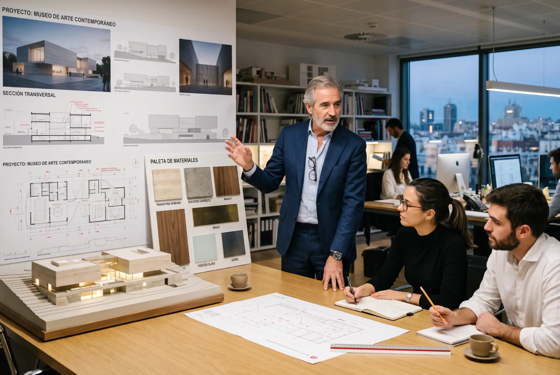 Un Director de Diseño arquitectónico de Nivel 6 supervisando una presentación con su equipo, revisando muestras de materiales, planos y maquetas en un estudio moderno