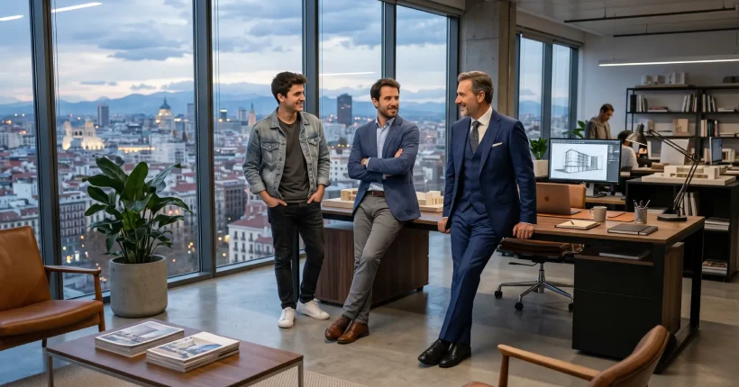 Tres arquitectos de diferentes edades y niveles de experiencia charlan amigablemente apoyados en un escritorio gerencial dentro de un moderno y lujoso estudio de arquitectura con ventanales y vista a la ciudad.