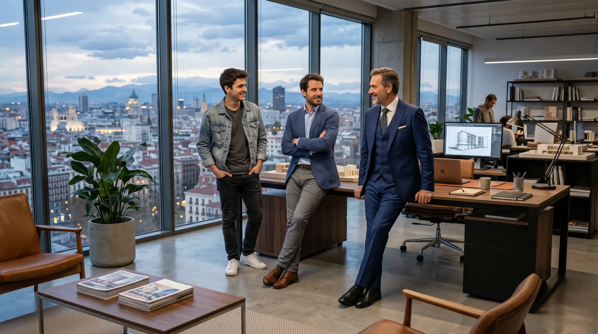 Tres arquitectos de diferentes edades y niveles de experiencia charlan amigablemente apoyados en un escritorio gerencial dentro de un moderno y lujoso estudio de arquitectura con ventanales y vista a la ciudad.