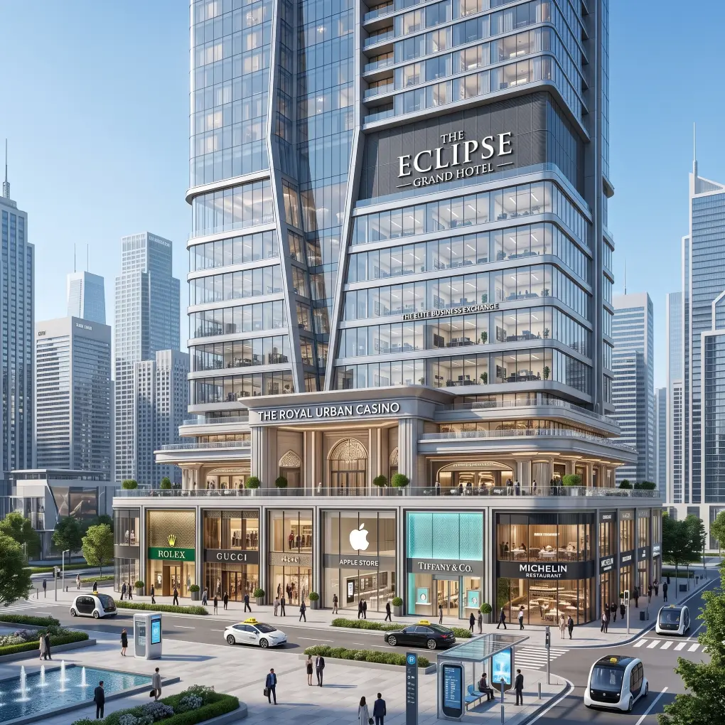 Render arquitectónico de un rascacielos de uso mixto (The Eclipse Grand Hotel/Casino) de alta complejidad, con retail de lujo a nivel de calle (Rolex, Apple). Un ejemplo práctico de los mega-proyectos abordados en la Certificación Arquitecto en Proyectos de Alta Complejidad de AEC Mastery.